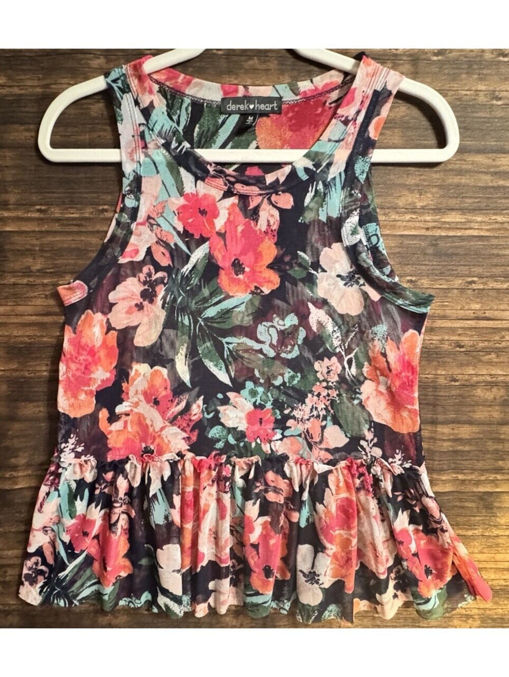 Derek Heart Women's Navy Blue Floral Mesh Peplum Tank Top Size M